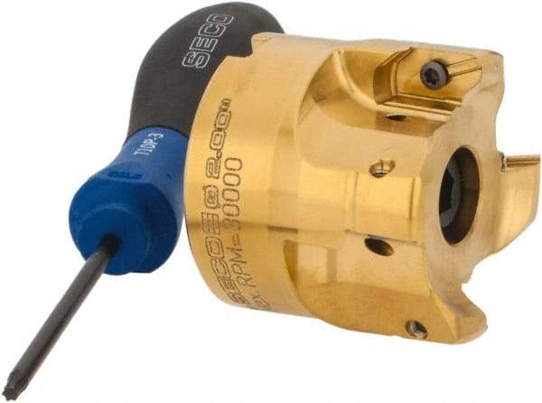 Seco - 2" Cut Diam, 0.295" Max Depth, 3/4" Arbor Hole, 4 Inserts, XPKX12 Insert Style, Indexable Copy Face Mill - R220.97-12 Cutter Style, 30,000 Max RPM, 1.77" High, Through Coolant, Series R220 - Exact Tool & Supply