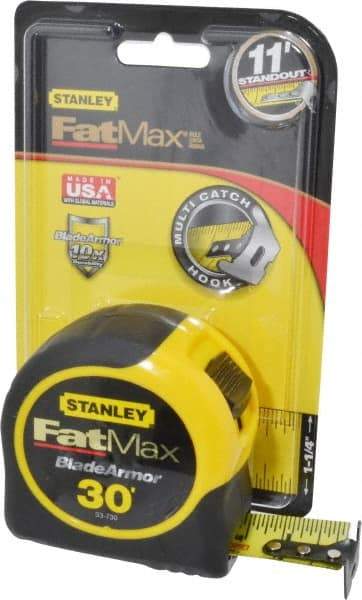Stanley - 30' x 1-1/4" Yellow Blade Tape Measure - 1/16" Graduation, Inch Graduation Style, Yellow/Black Case - Exact Tool & Supply