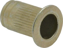 Made in USA - #10-24, 0.296 Insert Diam, 0.475" OAL, Knurled Body Open End Threaded Insert - 0.2969" Hole Diam, 0.415" Head Diam, 1008/1010 Steel, Clear Protective Coating & Zinc Yellow Dichromate Finish - Exact Tool & Supply