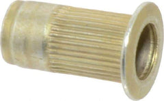 Made in USA - #10-24, 0.296 Insert Diam, 0.585" OAL, Knurled Body Open End Threaded Insert - 0.2969" Hole Diam, 0.415" Head Diam, 1008/1010 Steel, Clear Protective Coating & Zinc Yellow Dichromate Finish - Exact Tool & Supply