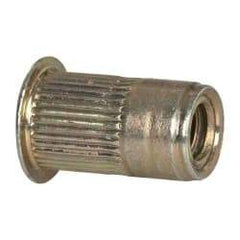 Made in USA - 1/4-20, 0.39 Insert Diam, 0.68" OAL, Knurled Body Open End Threaded Insert - 0.3906" Hole Diam, 1/2" Head Diam, 1008/1010 Steel, Clear Protective Coating & Zinc Yellow Dichromate Finish - Exact Tool & Supply