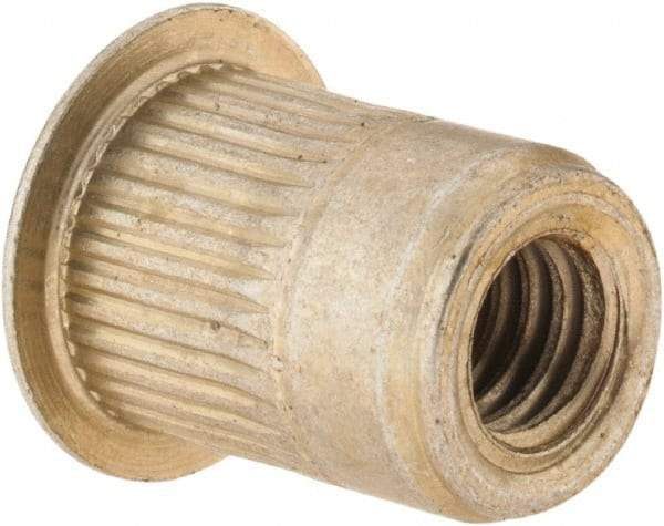 Made in USA - 5/16-18, 0.53 Insert Diam, 0.69" OAL, Knurled Body Open End Threaded Insert - 0.5312" Hole Diam, 0.685" Head Diam, 1008/1010 Steel, Clear Protective Coating & Zinc Yellow Dichromate Finish - Exact Tool & Supply