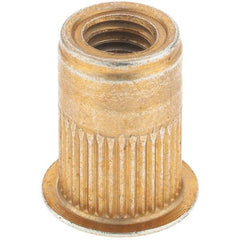 Made in USA - M6x1.00, 9.91mm Insert Diam, 14.73mm OAL, Knurled Body Open End Threaded Insert - 10mm Hole Diam, 12.7mm Head Diam, 1008/1010 Steel, Clear Protective Coating & Zinc Yellow Dichromate Finish - Exact Tool & Supply