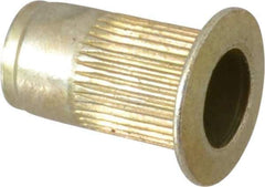 Made in USA - #6-32, 0.265 Insert Diam, 0.47" OAL, Knurled Body Open End Threaded Insert - 0.2656" Hole Diam, 0.39" Head Diam, 1008/1010 Steel, Clear Protective Coating & Zinc Yellow Dichromate Finish - Exact Tool & Supply