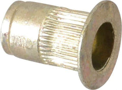 Made in USA - #6-32, 0.265 Insert Diam, 0.42" OAL, Knurled Body Open End Threaded Insert - 0.2656" Hole Diam, 0.39" Head Diam, 1008/1010 Steel, Clear Protective Coating & Zinc Yellow Dichromate Finish - Exact Tool & Supply
