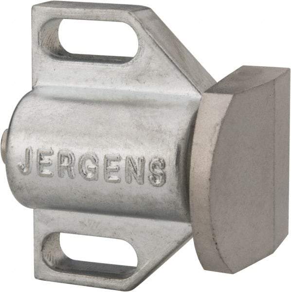 Jergens - 1-1/2" Body Width x 1" Body Len, 3/16" Stroke Len, 1-1/8" Btw Mt Hole Ctrs, Tangless Square Spring Locating Stop - 32 Lb Init End Force, 14 Lb Mid End Force, 32 Lb Final End Force, 1-1/8" Stop Head Width x 1-1/8" Stop Head Height - Exact Tool & Supply