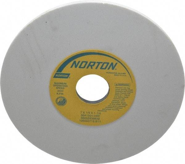Norton - 7" Diam x 1-1/4" Hole x 1/4" Thick, L Hardness, 150 Grit Surface Grinding Wheel - Aluminum Oxide, Type 1, Very Fine Grade, 3,600 Max RPM, Vitrified Bond, No Recess - Exact Tool & Supply