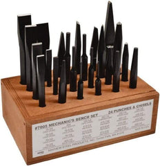 Mayhew - 24 Piece Center, Pin, Prick & Solid Punch & Cape, Cold, Diamond Point & Half Round Chisel & Rivet Buster - 1/4 to 3/4" Chisel, 1/8 to 1/2" Punch - Exact Tool & Supply