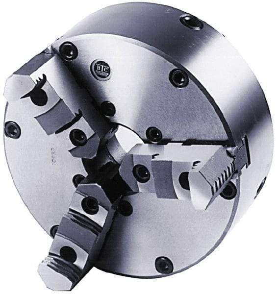 BTC - 3 Jaws, 12" Diam, Self Centering Manual Lathe Chuck - Plain Back Mount Spindle, Adjustable, Reversible, 2,200 Max RPM, 3.268" Through Hole Diam, Cast Iron - Exact Tool & Supply