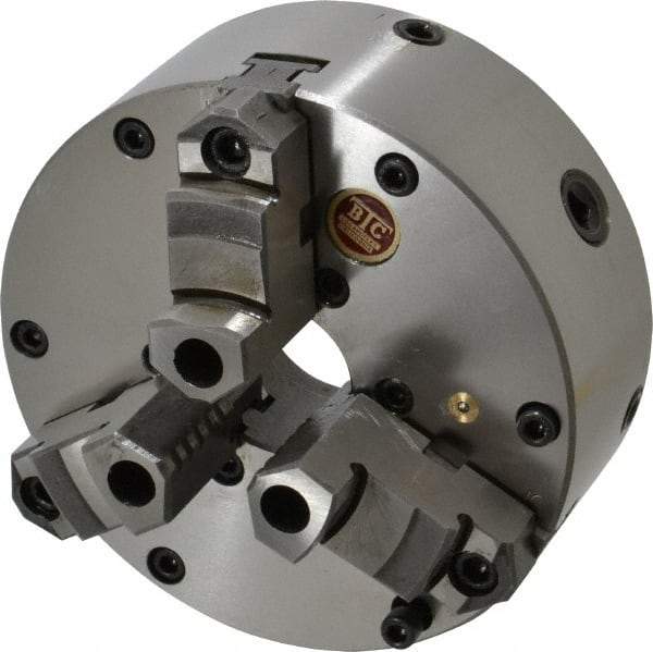 BTC - 3 Jaws, 6" Diam, Self Centering Manual Lathe Chuck - Plain Back Mount Spindle, Adjustable, Reversible, 3,400 Max RPM, 1.535" Through Hole Diam, Cast Iron - Exact Tool & Supply