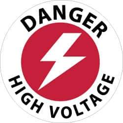 NMC - Danger - High Voltage, Anti-Skid Pressure-Sensitive Vinyl Floor Sign - Round, Black & Red on White, Adhesive Backed, For Accident Prevention - Exact Tool & Supply