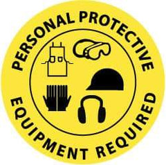 NMC - Personal Protective Equipment Required, Anti-Skid Pressure-Sensitive Vinyl Floor Sign - Round, Black on Yellow, Adhesive Backed, For Accident Prevention - Exact Tool & Supply