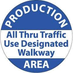 NMC - Production Area - All Thru Traffic Use DeFloor Signated Walkway, Anti-Skid Pressure-Sensitive Vinyl Floor Sign - Round, Blue on White, Adhesive Backed, For Security & Admittance - Exact Tool & Supply