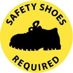 NMC - Safety Shoes Required, Anti-Skid Pressure-Sensitive Vinyl Floor Sign - Round, Black on Yellow, Adhesive Backed, For Accident Prevention - Exact Tool & Supply