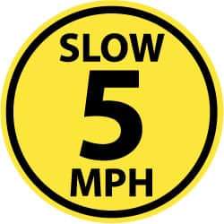 NMC - Slow 5 MPH, Anti-Skid Pressure-Sensitive Vinyl Floor Sign - Round, Black on Yellow, Adhesive Backed, For Security & Admittance - Exact Tool & Supply