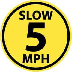 NMC - Slow 5 MPH, Anti-Skid Pressure-Sensitive Vinyl Floor Sign - Round, Black on Yellow, Adhesive Backed, For Security & Admittance - Exact Tool & Supply