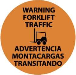 NMC - Warning Forklift Traffic, Anti-Skid Pressure-Sensitive Vinyl Floor Sign - Round, Black on Orange, Adhesive Backed, For Accident Prevention - Exact Tool & Supply