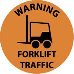 NMC - Warning Forklift Traffic, Anti-Skid Pressure-Sensitive Vinyl Floor Sign - Round, Black on Orange, Adhesive Backed, For Accident Prevention - Exact Tool & Supply
