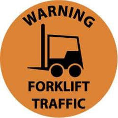 NMC - Warning Forklift Traffic, Anti-Skid Pressure-Sensitive Vinyl Floor Sign - Round, Black on Orange, Adhesive Backed, For Accident Prevention - Exact Tool & Supply
