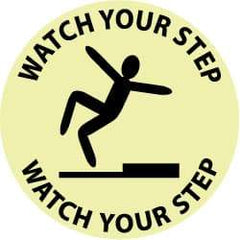 NMC - Watch Your Step - Watch Your Step, Anti-Skid Polyester Floor Sign - Round, Black on Yellow (Glow), Adhesive Backed, For Accident Prevention - Exact Tool & Supply