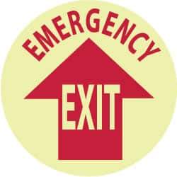NMC - Emergency Exit, Anti-Skid Polyester Floor Sign - Round, Red on Glow (Yellow), Adhesive Backed, For Exit, Entrance & Directional - Exact Tool & Supply