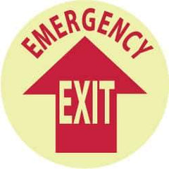 NMC - Emergency Exit, Anti-Skid Polyester Floor Sign - Round, Red on Glow (Yellow), Adhesive Backed, For Exit, Entrance & Directional - Exact Tool & Supply