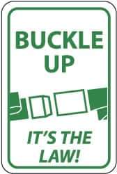 NMC - "Buckle Up - It's the Law", "Buckle", 12" Wide x 18" High, Aluminum Parking Lot Traffic Signs - 0.063" Thick, Green on White, Rectangle, Post Mount - Exact Tool & Supply
