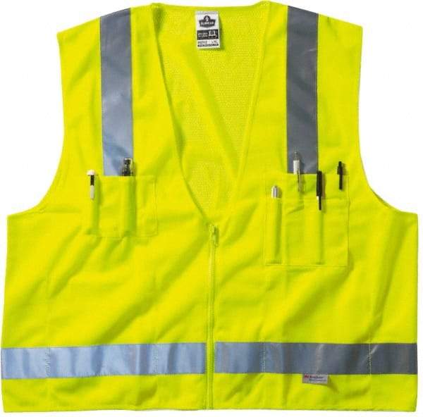 Ergodyne - Size S/M High Visibility Lime Mesh/Solid Surveyor's Vest - 36 to 44" Chest, ANSI/ISEA 107, Zipper Closure, 6 Pockets, Polyester - Exact Tool & Supply
