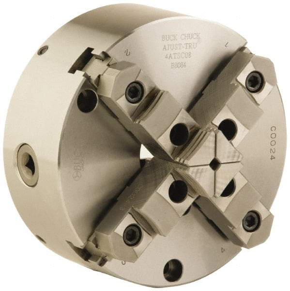 Buck Chuck Company - 4 Jaws, 6" Diam, Self Centering Manual Lathe Chuck - Front Mount, Adjustable, Reversible, 4,600 Max RPM, 1.78" Through Hole Diam, Forged Steel - Exact Tool & Supply