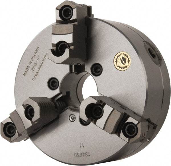 Bison - 3 Jaws, 6" Diam, Self Centering Manual Lathe Chuck - Plain Back Mount Spindle, Reversible, 4,500 Max RPM, 1.6535" Through Hole Diam, 0.0014" Axial Runout, 0.0012" Radial Runout, Forged Steel - Exact Tool & Supply