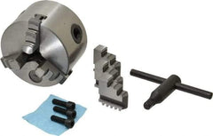 Interstate - 3 Jaws, 3" Diam, Self Centering Manual Lathe Chuck - Plain Back Mount Spindle, 0.6299" Through Hole Diam, 0.003" Axial Runout, Cast Iron - Exact Tool & Supply