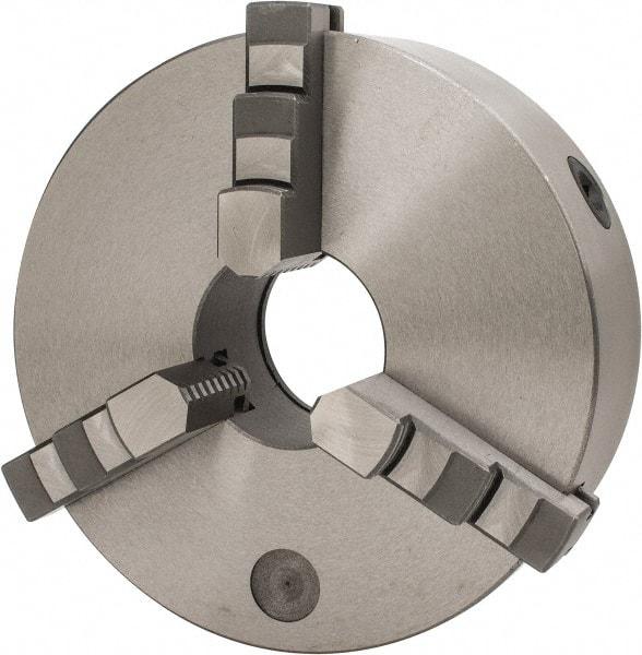 Interstate - 3 Jaws, 10" Diam, Self Centering Manual Lathe Chuck - Plain Back Mount Spindle, 3.1496" Through Hole Diam, 0.003" Axial Runout, Cast Iron - Exact Tool & Supply