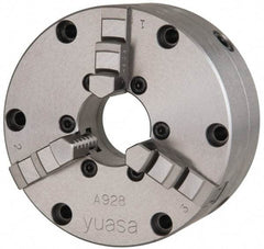 Yuasa - 3 Jaws, 10" Diam, Self Centering Manual Lathe Chuck - Plain Back Mount Spindle, Adjustable, Reversible, 3.5433" Through Hole Diam, 0.0005" Axial Runout, Cast Iron - Exact Tool & Supply