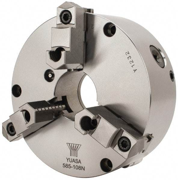 Yuasa - 3 Jaws, 8" Diam, Self Centering Manual Lathe Chuck - Plain Back Mount Spindle, Adjustable, Reversible, 2.4803" Through Hole Diam, 0.0005" Axial Runout, Cast Iron - Exact Tool & Supply
