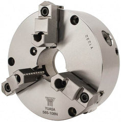 Yuasa - 3 Jaws, 8" Diam, Self Centering Manual Lathe Chuck - Plain Back Mount Spindle, Adjustable, Reversible, 2.4803" Through Hole Diam, 0.0005" Axial Runout, Cast Iron - Exact Tool & Supply