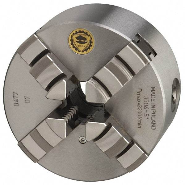 Bison - 4 Jaws, 10" Diam, Self Centering Manual Lathe Chuck - Plain Back Mount Spindle, 2,000 Max RPM, 2.9921" Through Hole Diam, 0.001" Axial Runout, 0.0016" Radial Runout, Cast Iron - Exact Tool & Supply