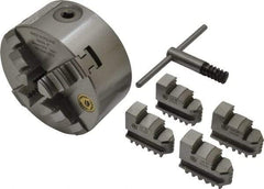 Bison - 4 Jaws, 5" Diam, Self Centering Manual Lathe Chuck - Plain Back Mount Spindle, 3,200 Max RPM, 9.921" Through Hole Diam, 0.0008" Axial Runout, 0.0012" Radial Runout, Cast Iron - Exact Tool & Supply