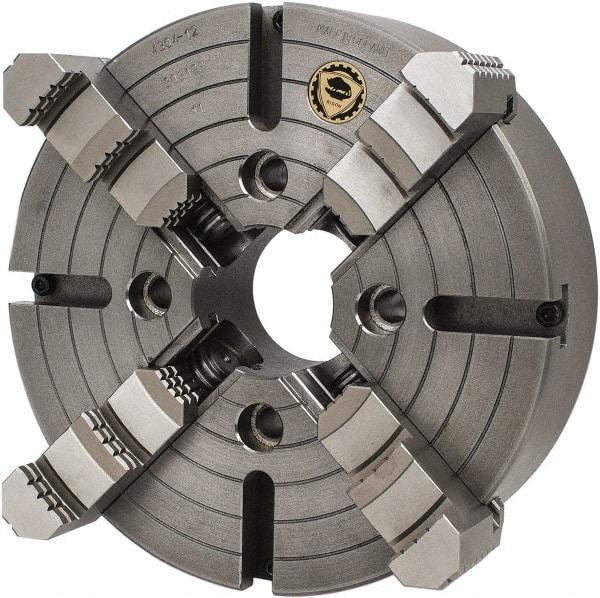 Bison - 4 Jaws, 12" Diam, Independent Manual Lathe Chuck - Plain Back Mount Spindle, Reversible, 1,200 Max RPM, 3.1496" Through Hole Diam, Cast Iron - Exact Tool & Supply