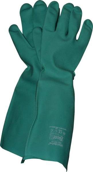 SHOWA - Size 2XL (11), 19" Long, 22 mil Thick, Nitrile Chemical Resistant Gloves - Textured Finish, Slip-On Cuff, ANSI Abrasion Level 4, ANSI Cut Level 0, ANSI Puncture Level 1, Green, FDA Approved - Exact Tool & Supply