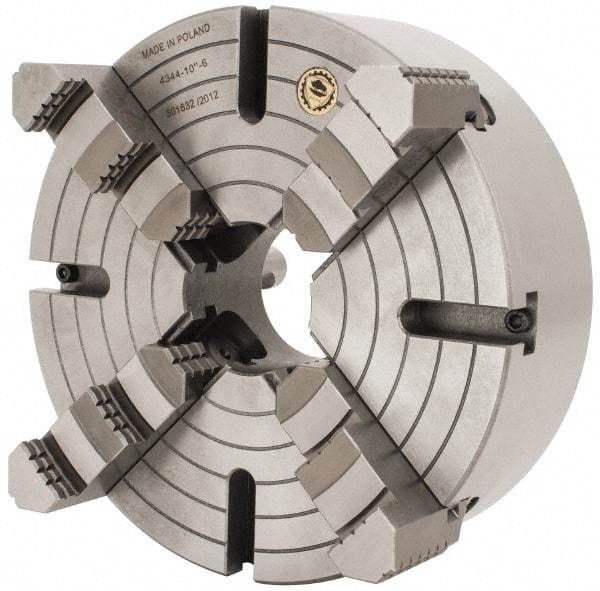 Bison - 4 Jaws, 10" Diam, Independent Manual Lathe Chuck - D1-6 Mount Spindle, Reversible, 1,500 Max RPM, 2.5591" Through Hole Diam, Cast Iron - Exact Tool & Supply