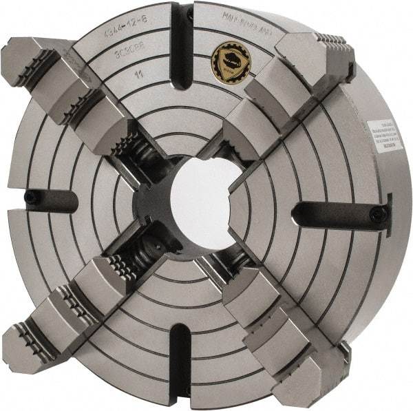 Bison - 4 Jaws, 12" Diam, Independent Manual Lathe Chuck - D1-8 Mount Spindle, Reversible, 3.1496" Through Hole Diam, Cast Iron - Exact Tool & Supply