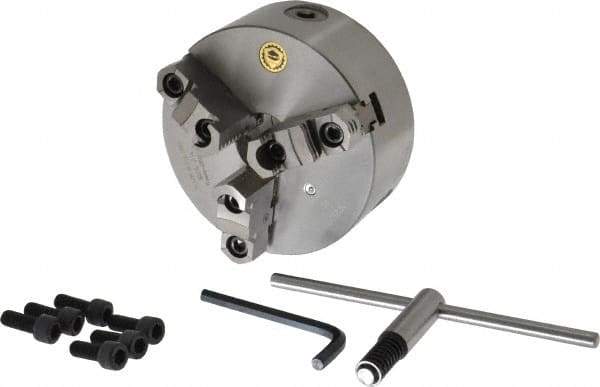 Bison - 3 Jaws, 6" Diam, Self Centering Manual Lathe Chuck - Plain Back Mount Spindle, Reversible, 3,000 Max RPM, 1.6535" Through Hole Diam, 0.0008" Axial Runout, 0.0012" Radial Runout, Cast Iron - Exact Tool & Supply