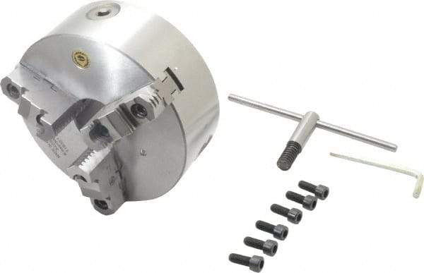 Bison - 3 Jaws, 8" Diam, Self Centering Manual Lathe Chuck - Plain Back Mount Spindle, Reversible, 2,500 Max RPM, 2.1653" Through Hole Diam, 0.001" Axial Runout, 0.0016" Radial Runout, Cast Iron - Exact Tool & Supply