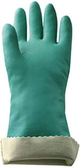 MAPA Professional - Size M (8), 14" Long, 11 mil Thick, Supported, Nitrile Chemical Resistant Gloves - Textured Finish, Knit Lined, Gauntlet Pinked Cuff, Green, FDA Approved - Exact Tool & Supply
