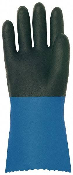MAPA Professional - Size XL (9), 12" Long, Supported, Neoprene Chemical Resistant Gloves - Textured Finish, Cotton Interlock Knit Lined, Gauntlet Pinked Cuff, Black/Blue - Exact Tool & Supply