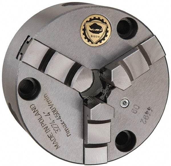 Bison - 3 Jaws, 10" Diam, Self Centering Manual Lathe Chuck - Front Mount, 2.9921" Through Hole Diam, Cast Iron - Exact Tool & Supply