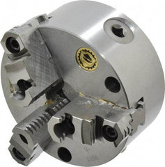 Bison - 3 Jaws, 5" Diam, Self Centering Manual Lathe Chuck - Front Mount, Reversible, 1.2598" Through Hole Diam, Cast Iron - Exact Tool & Supply