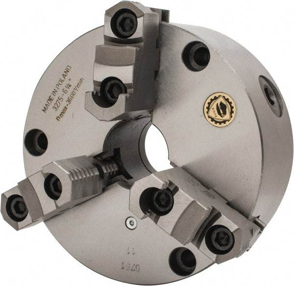 Bison - 3 Jaws, 6" Diam, Self Centering Manual Lathe Chuck - Front Mount, Reversible, 1.6535" Through Hole Diam, Cast Iron - Exact Tool & Supply