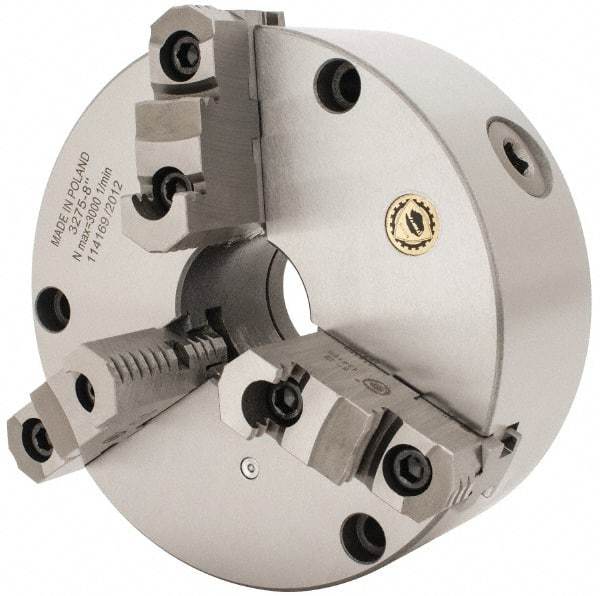 Bison - 3 Jaws, 8" Diam, Self Centering Manual Lathe Chuck - Front Mount, Reversible, 2.1654" Through Hole Diam, Cast Iron - Exact Tool & Supply