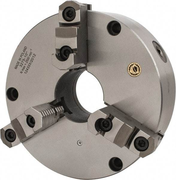 Bison - 3 Jaws, 10" Diam, Self Centering Manual Lathe Chuck - Front Mount, Reversible, 2.9921" Through Hole Diam, Cast Iron - Exact Tool & Supply